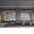 Open Modern Exhibition Hall Interior With Wooden Decorative Wall White Display Counters And Green Plant