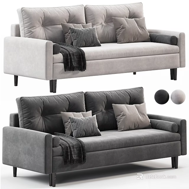 Modern Grey Two Seater Sofa With Plush Cushions And Soft Throw Blanket 3d model