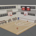 Basketball Court Interior With Wooden Floor Basketball Hoops Scoreboard And Chairs