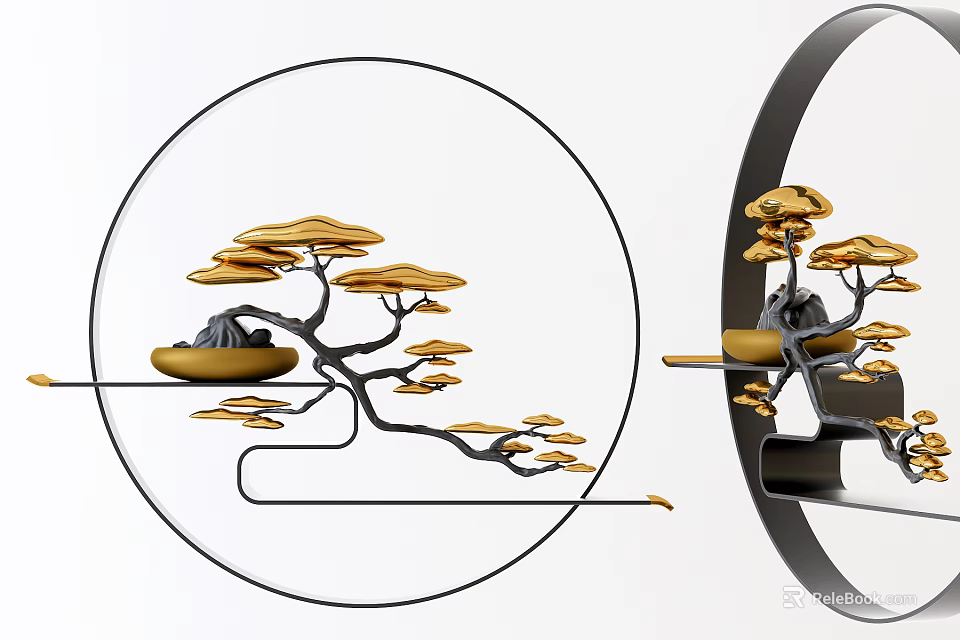 Modern Circular Wall Decor With Yellow Bonsai Tree Branches And Base 3d model