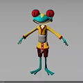 Animated Frog Character With Red Large Eyes Blue Body Yellow Top And Red Shorts