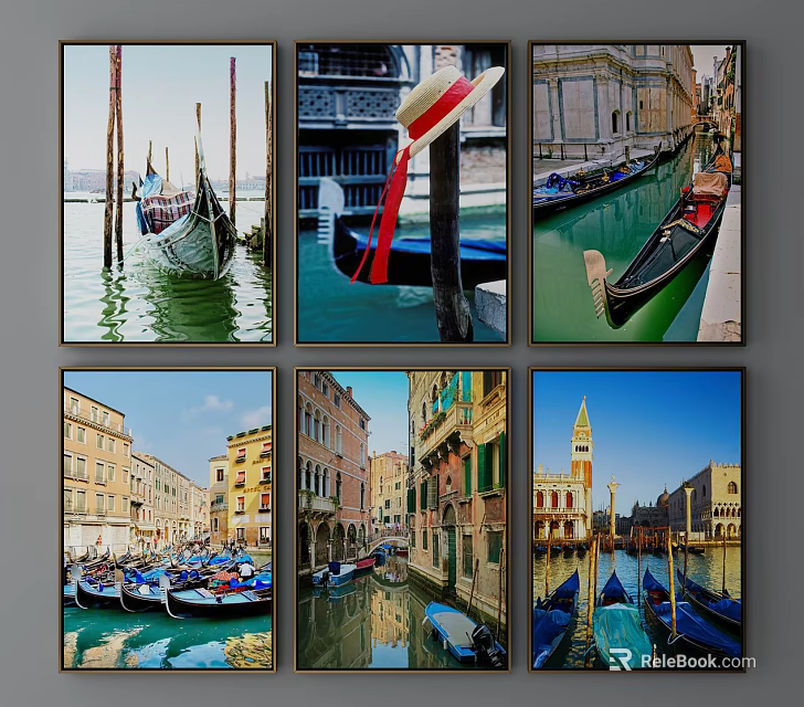 Scenic Venetian Landscape Paintings with Gondolas Canals and Historic Architecture 3d model 