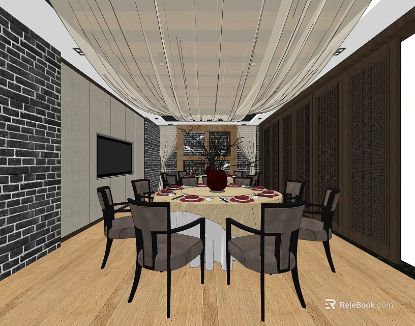 Private Dining Box Interior Design With Round Table Chairs Canopy Ceiling TV And Brick Wall 3d model