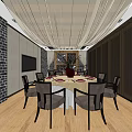 Private Dining Box Interior Design With Round Table Chairs Canopy Ceiling TV And Brick Wall 3d model