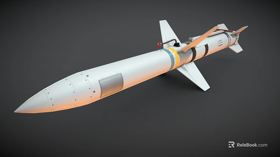 White Military Missile Model With Tail Fins Yellow Blue Rings And Warhead Section 3d model 