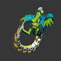 Green Creature Character Wearing Blue Coat And White Hat Holding Weapon With Orange White Rings