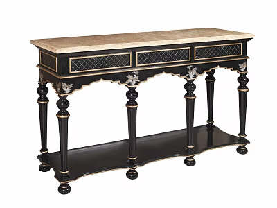 Elegant Black Entryway Console Table Featuring Gold Accents Light Marble Top And Ornate Legs 3d model