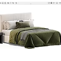 Modern Double Bed with Dark Green Quilt Gray Blanket Beige Headboard and Nightstand