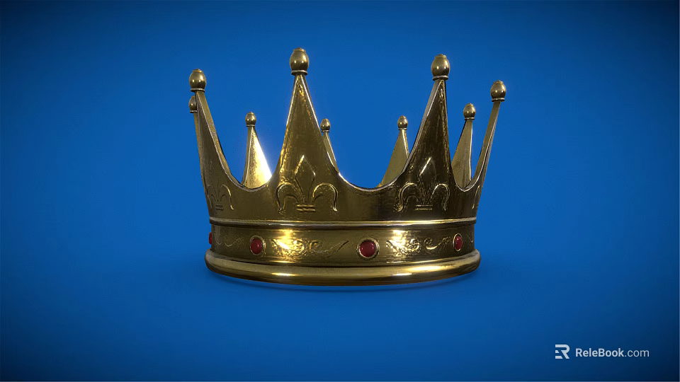 Elegant Golden Crown With Red Gemstones And Intricate Design On Blue Background 3d model 