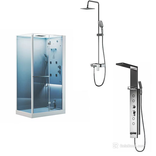 Modern Chrome Shower System with Glass Enclosure Handheld Head and Control Panel Design 3d model