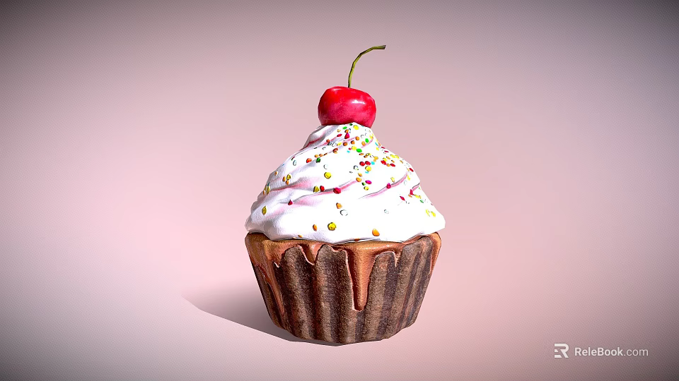 Delicious Cupcake With White Frosting Colorful Sprinkles And Cherry In Brown Paper Cup 3d model 