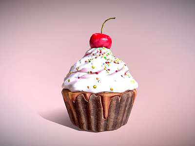 Delicious Cupcake With White Frosting Colorful Sprinkles And Cherry In Brown Paper Cup 3d model