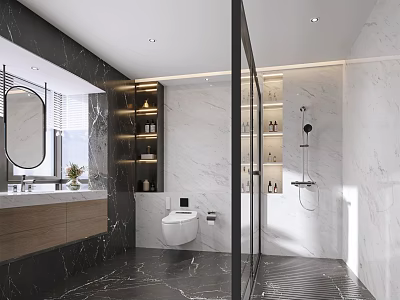 Modern Bathroom Interior Design With Marble Walls Glass Shower And Wooden Vanity 3d model
