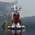 Detailed Metallic Doll With Silver Head Red Accents And Kneeling Pose