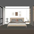 Minimalist Bedroom Interior Featuring Wooden Bed White Curtains Wall Art And Built in Wardrobe