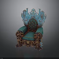 Ornate Turquoise Chair With Intricate Gold Accents And Crown-like Backrest Design