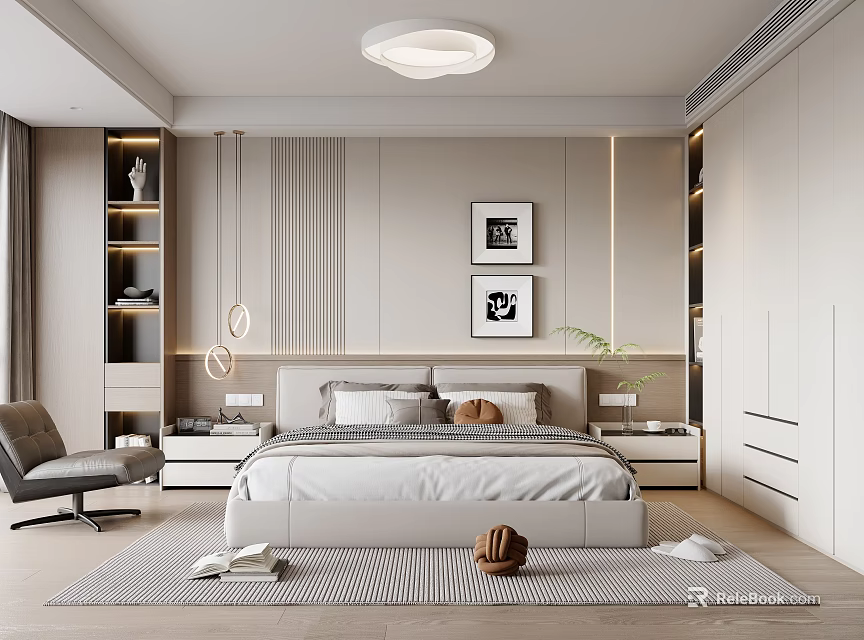 Modern Bedroom Interior Design With Bedhead Decorative Paintings White Wardrobe And Rug 3d model 
