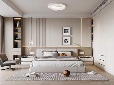 Modern Bedroom Interior Design With Bedhead Decorative Paintings White Wardrobe And Rug 3d model