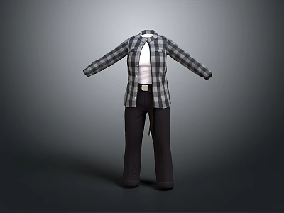 Casual Daily Clothing Outfit With Plaid Shirt White T-shirt And Dark Pants 3d model
