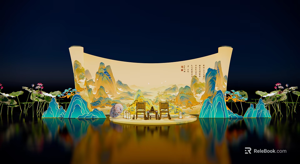 Scroll Shaped Art Installation With Landscape Painting Two Chairs Blue Mountain Decorations Night Water Reflection 3d model 