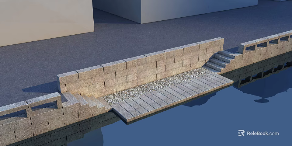 Stone Wall With Wooden Deck Steps Pebbles And Water In Outdoor Space 3d model 