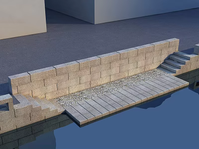 Stone Wall With Wooden Deck Steps Pebbles And Water In Outdoor Space 3d model