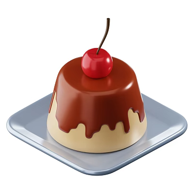 Delicious Creamy Pudding With Chocolate Drizzle And Cherry On Gray Plate 3d model