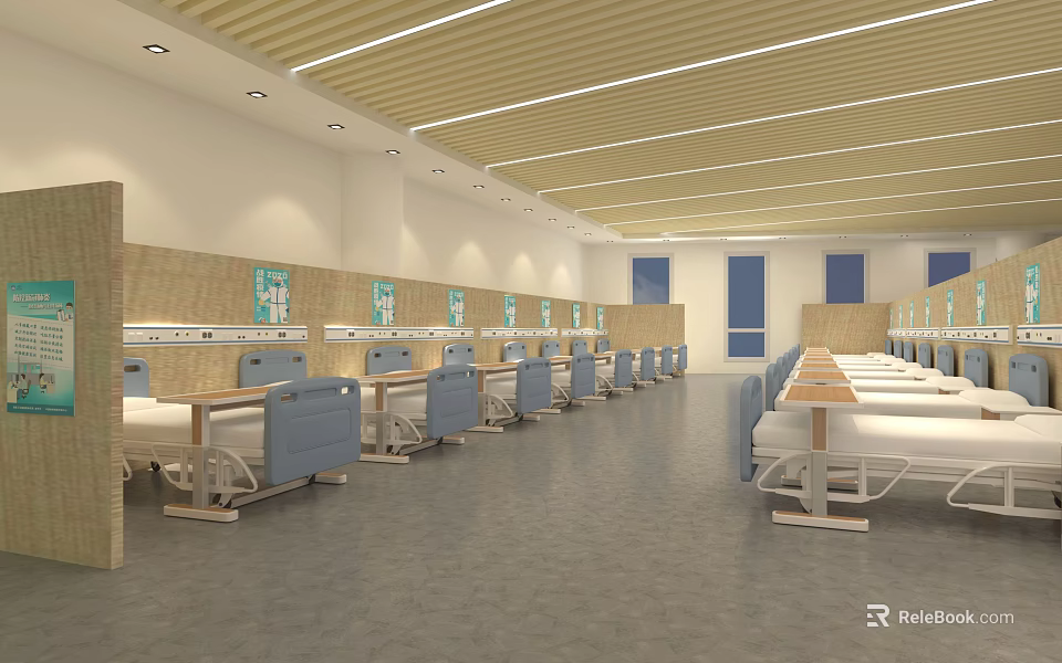 Spacious Hospital Ward Interior With Rows Of Blue Beds And Natural Lighting 3d model 
