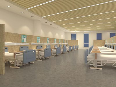 Spacious Hospital Ward Interior With Rows Of Blue Beds And Natural Lighting 3d model