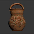 Handcrafted Orange Terracotta Vase With Handle And Floral Decorative Patterns 3d model