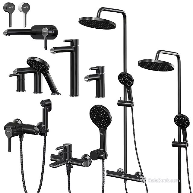 Black Modern Shower System With Various Spray Heads And Handheld Components 3d model