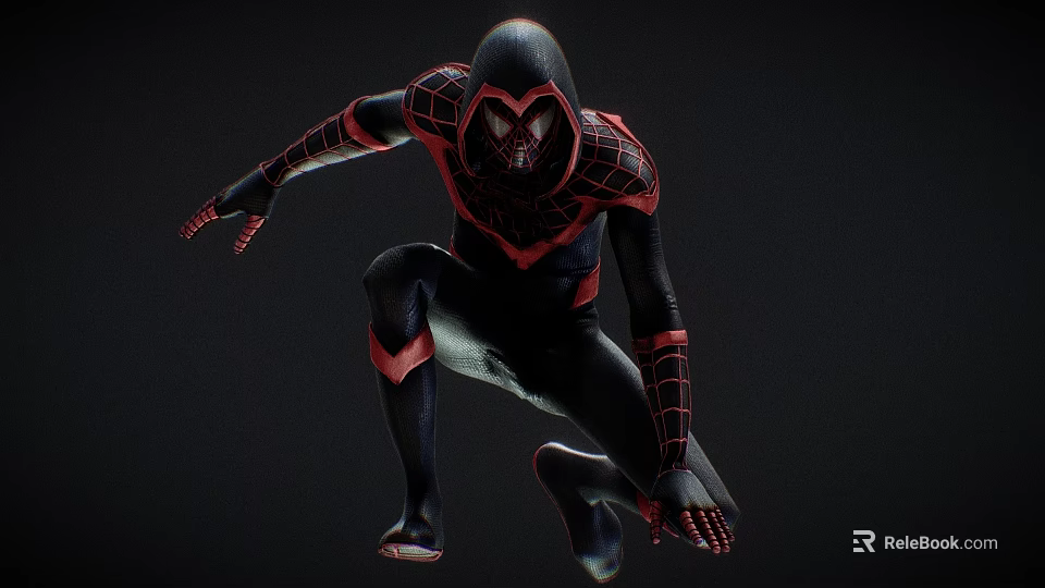 Game And Movie Character In Black Red Suit With Spider Web Patterns Crouching Pose 3d model 