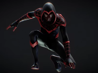 Game And Movie Character In Black Red Suit With Spider Web Patterns Crouching Pose 3d model