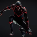 Game And Movie Character In Black Red Suit With Spider Web Patterns Crouching Pose