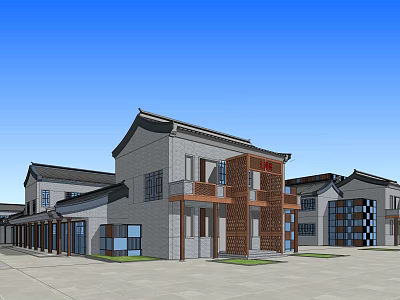 Traditional Modern Commercial Street Architecture With Gray Brick Facades Glass Windows And Storefronts 3d model