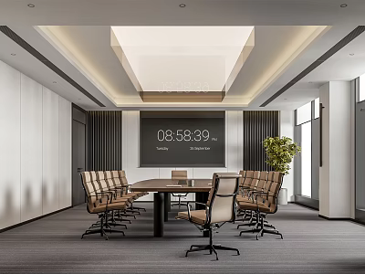 Modern Conference Room Interior With Wooden Table Office Chairs Electronic Screen Recessed Lighting And Plant 3d model