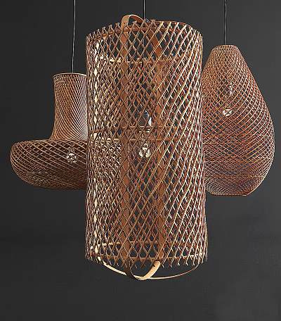 Multiple Woven Rattan Chandeliers with Geometric Openwork and Natural Finish 3d model