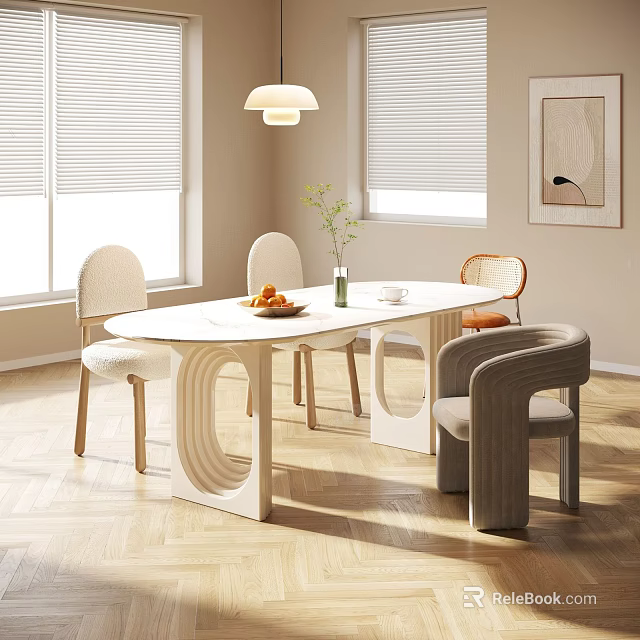 Modern White Curved Dining Table Set With Chairs Vase Fruit Bowl And Artwork 3d model 