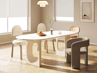 Modern White Curved Dining Table Set With Chairs Vase Fruit Bowl And Artwork 3d model