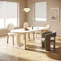 Modern White Curved Dining Table Set With Chairs Vase Fruit Bowl And Artwork