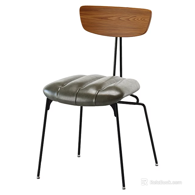 Modern Single Chair With Wooden Backrest Gray Leather Seat And Black Metal Legs 3d model 