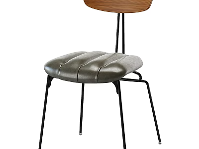 Modern Single Chair With Wooden Backrest Gray Leather Seat And Black Metal Legs 3d model