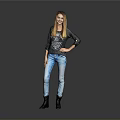 Woman In Black Top And Blue Jeans Posing With Hand On Hip Against Gray Background