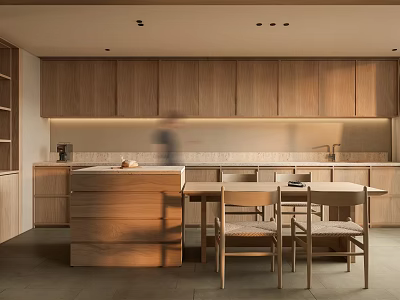 Modern Restaurant Interior With Wooden Cabinets Dining Table And Soft Lighting 3d model
