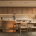 Modern Restaurant Interior With Wooden Cabinets Dining Table And Soft Lighting