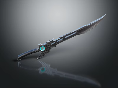Futuristic Fantasy Weapon Intricate Metallic Blade Featuring Green Gemstone Handle and Reflective Surface 3d model