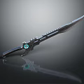 Futuristic Fantasy Weapon Intricate Metallic Blade Featuring Green Gemstone Handle and Reflective Surface