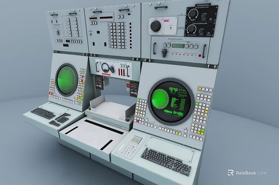 Industrial Control Console Equipment With Green Display Screens Buttons Knobs And Keyboards 3d model 