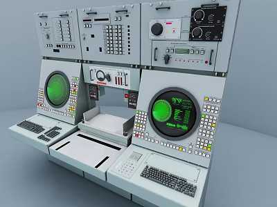 Industrial Control Console Equipment With Green Display Screens Buttons Knobs And Keyboards 3d model