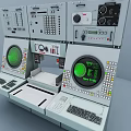 Industrial Control Console Equipment With Green Display Screens Buttons Knobs And Keyboards